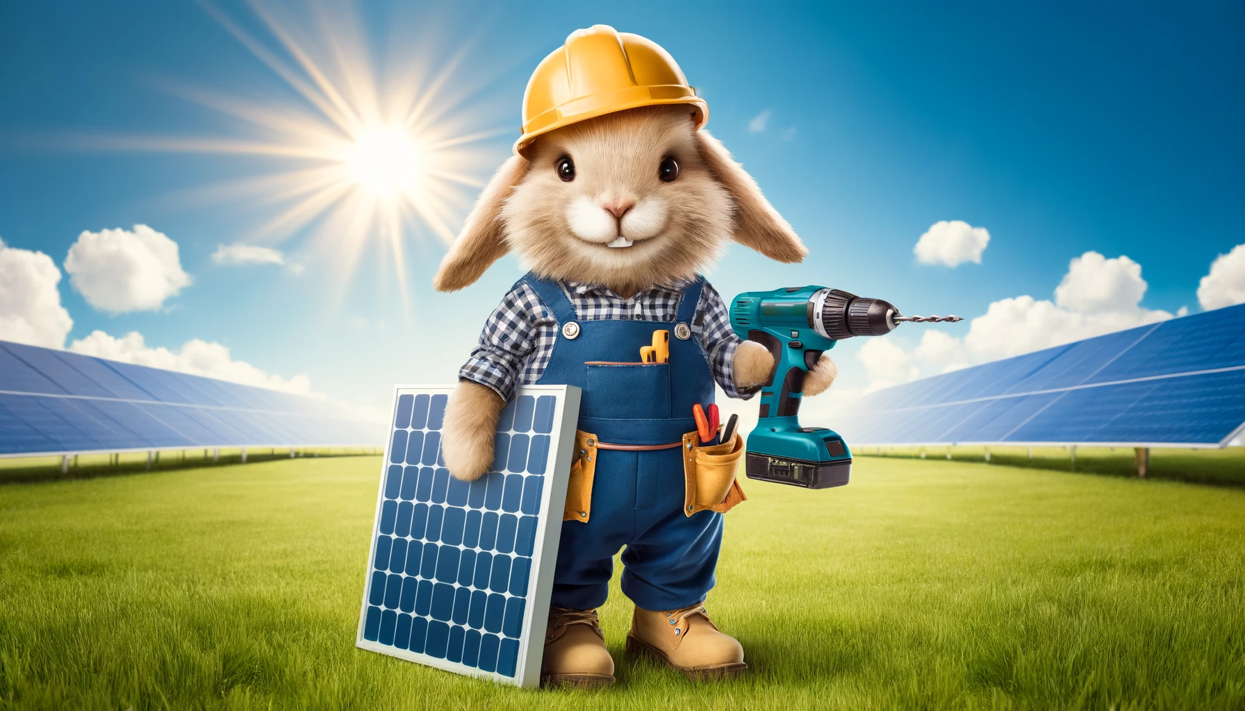 PV-Hase lächelnd, mit Akkuschrauber