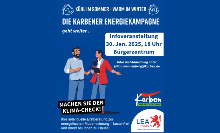 Karbener Energiekampagne: Informationsveranstalgung am 30.01.2025, 18 Uhr im Bürgerzentrum der Stadt Karben